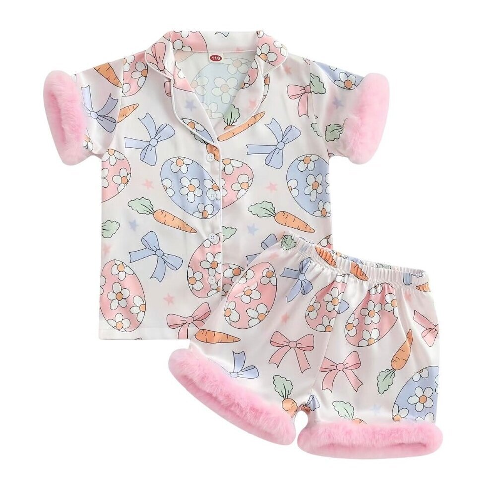 Kids Girls Easter Pajamas Set Easter Eggs Carrot Print Short Sleeve Set L13 03